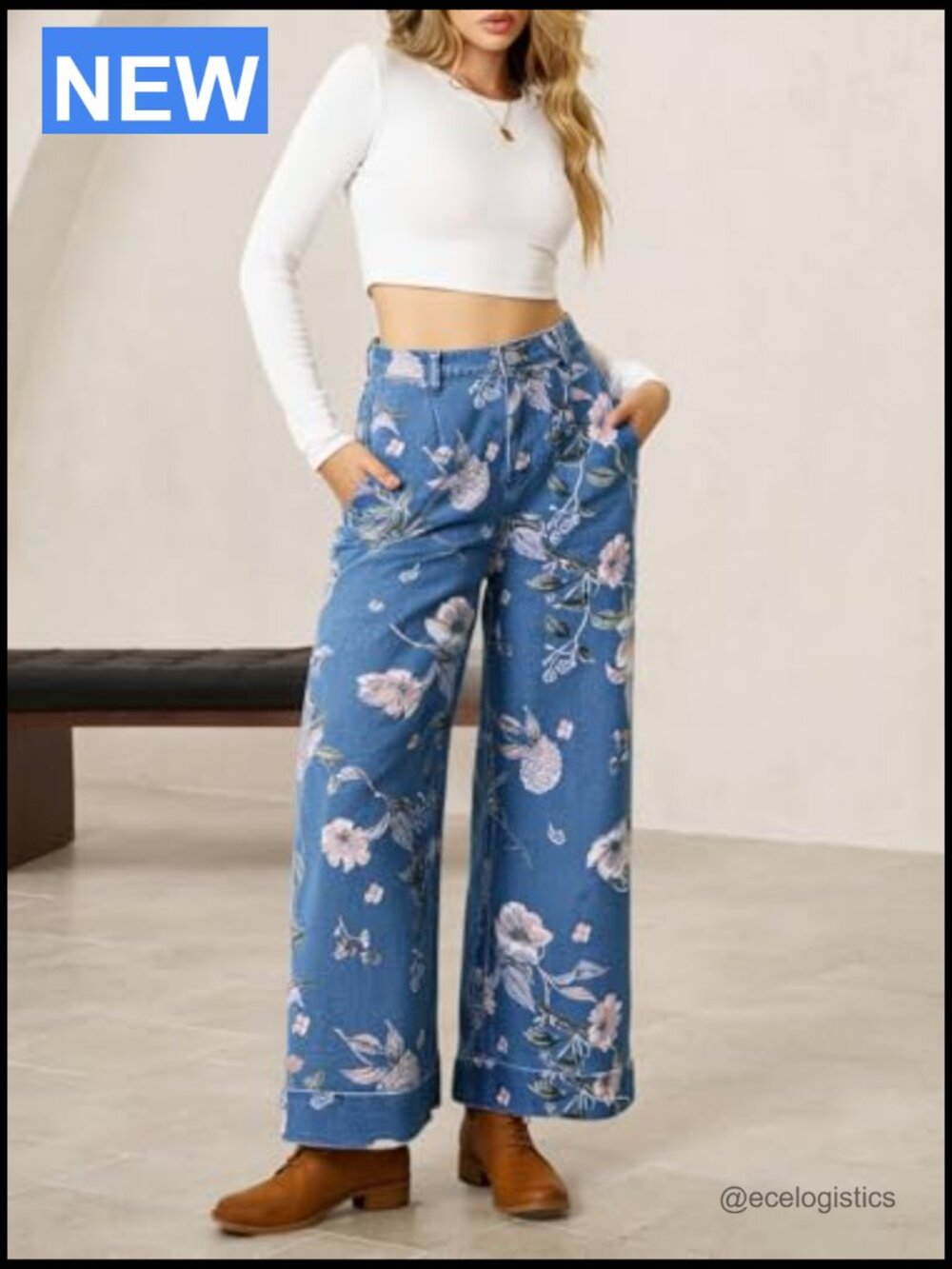 Baggy Wide Leg Jeans Floral High Waisted Boho Denim Pants - Picture 5 of 7